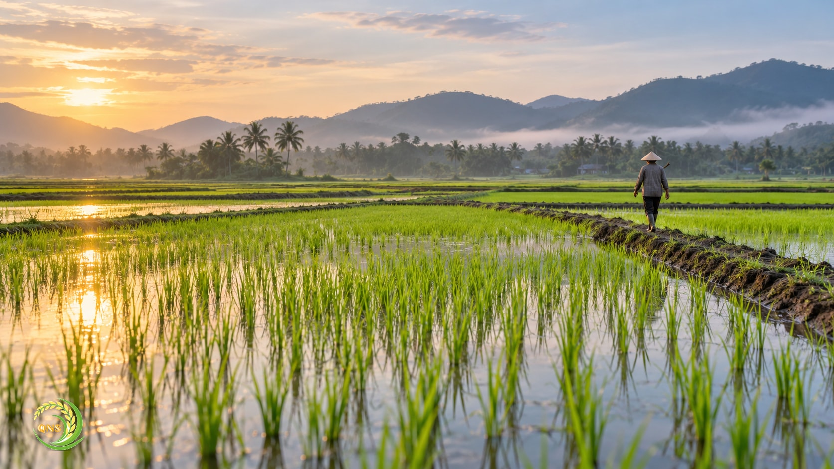 Ruộng lúa mới sạ đầu vụ Đông Xuân ở miền Trung, xa xa là đồi thấp và hàng dừa
