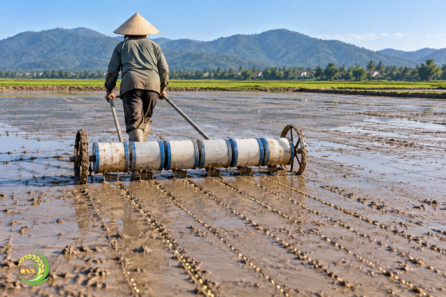 Nông dân kéo công cụ sạ hàng dạng trống trên ruộng lúa đã làm phẳng