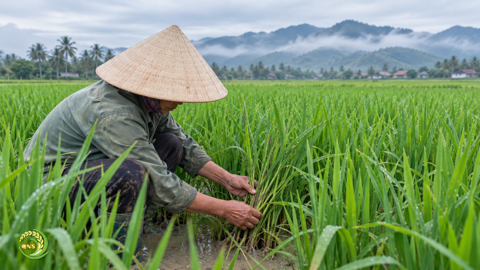Nông dân đội nón lá cúi xuống kiểm tra lá lúa trên ruộng lúa xanh vụ Đông Xuân