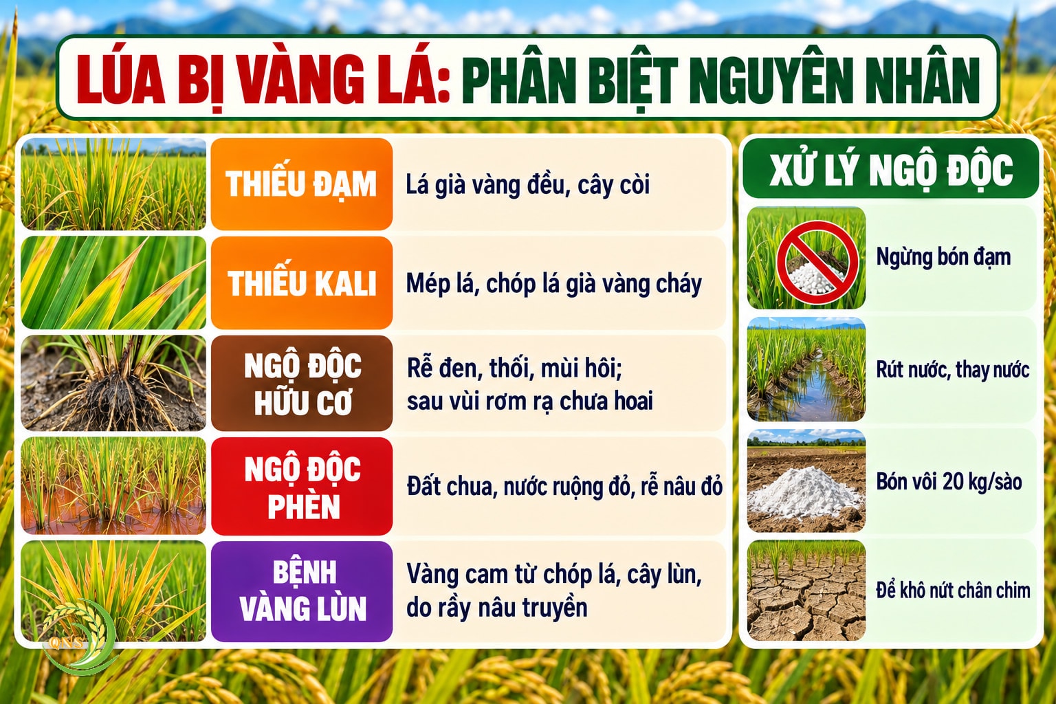 Phân biệt lúa vàng lá: thiếu đạm – lá già vàng đều, cây còi; thiếu kali – mép lá và chóp lá già vàng cháy; ngộ độc hữu cơ – rễ đen, thối, có mùi hôi, sau vùi rơm rạ chưa hoai hoặc ngập lâu; ngộ độc phèn – đất chua, nước ruộng đỏ, rễ màu nâu đỏ; bệnh vàng lùn – vàng cam từ chóp lá, cây lùn, do rầy nâu truyền; xử lý ngộ độc: ngừng bón đạm, rút nước, thay nước, bón vôi 20 kg/sào, để khô nứt chân chim